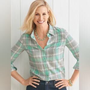 Talbots long sleeve button up Classic Cotton Shirt in Dazzling Plaid NEW LARGE